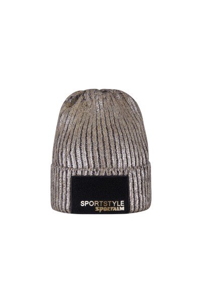 Fashionable chunky knit beanie hat with metallic print
