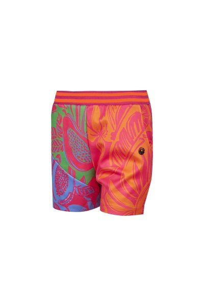 Brightly coloured print shorts with transfer prints and embroidery