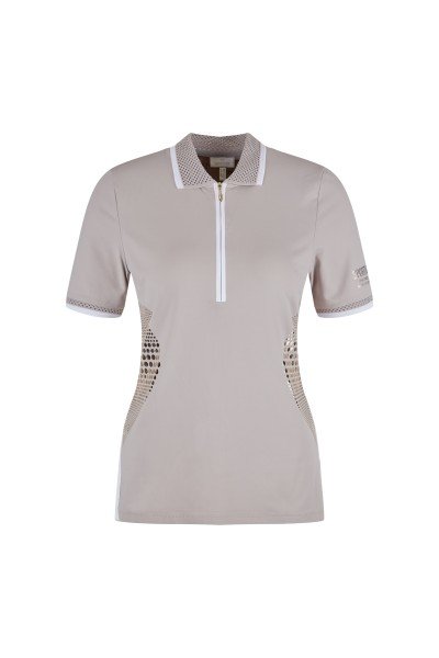 Short-sleeved polo shirt with fashionable perforated knit collar and innovative foil print