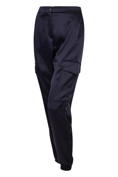 Fashionable cargo-style jogging pants made from fine satin fabric