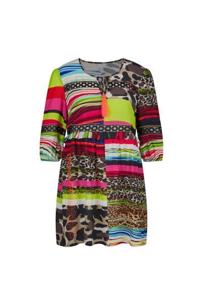 Playful tunic with colourful theme print and ajour ribbons