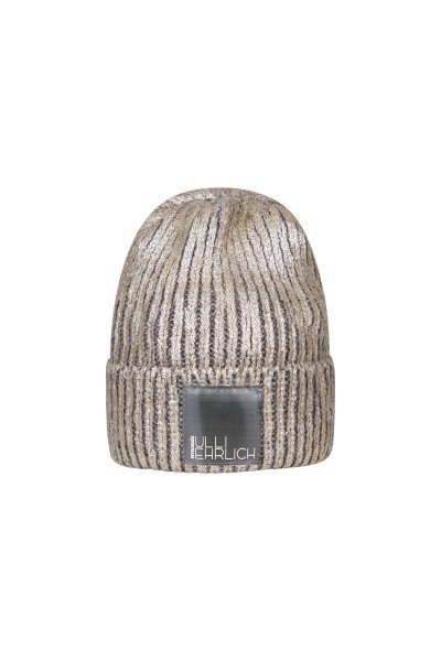 Fashionable chunky knit beanie hat with metallic print
