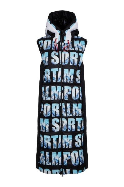 Padded long vest with wording and mountain landscape