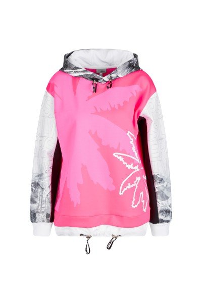 Fashionable sweater with hood and transfer print
