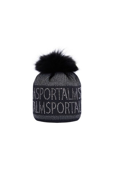 Chunky knit hat with lettering motif made of rhinestones