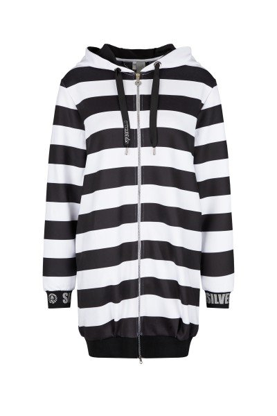 Long, fashionable sweat jacket with a generous hood and block stripes
