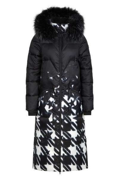 Coat with all-over houndstooth print and real fur detail