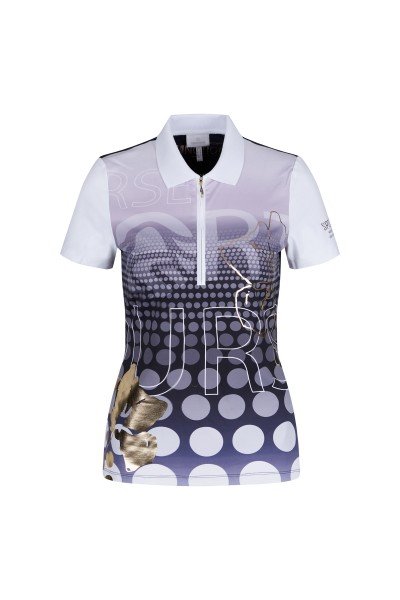 Trendy polo shirt with large print and foil print on the front panel