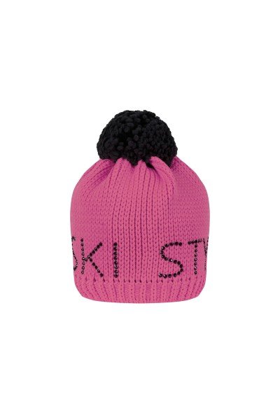 Coarse knit hat with rhinestone lettering