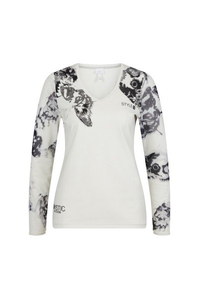  Long-sleeved shirt with mesh sleeves and a butterfly print
