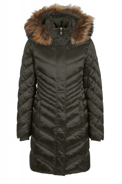 Hooded coat with down filling and real fur detail