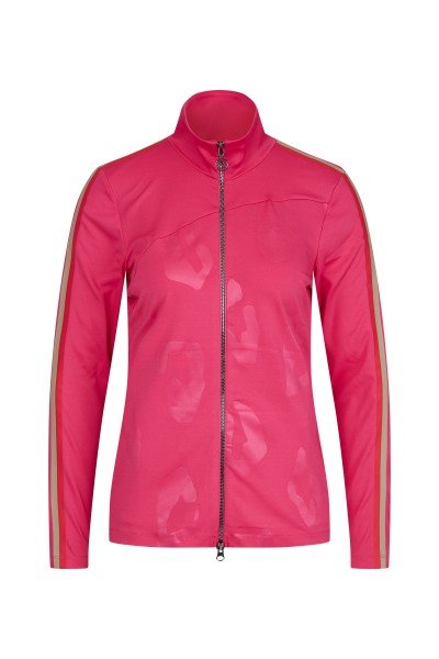 Stand-up collar jacket with a fashionably embossed leo patch print