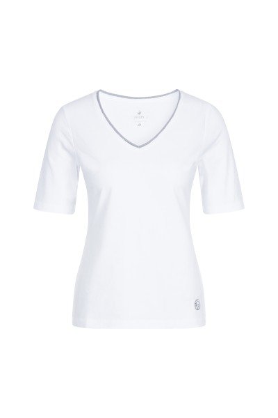Short-sleeved shirt with V-neck and lurex cuffs