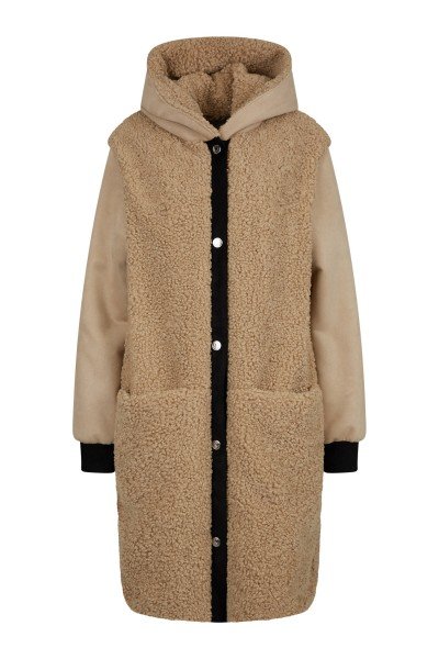 Trendy coat of plush combined with fake leather