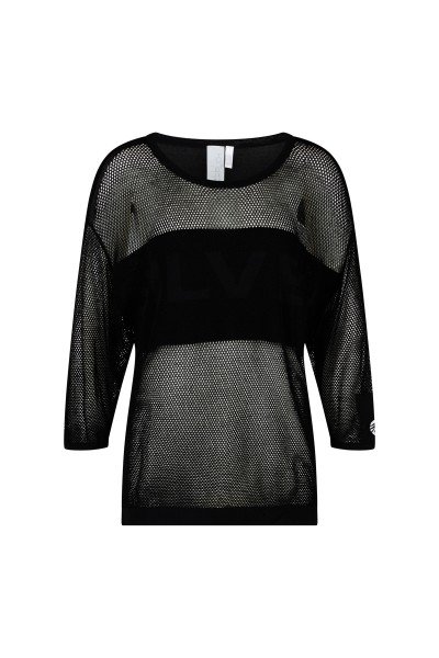 Loose knit shirt with mesh structure and block stripes on the back