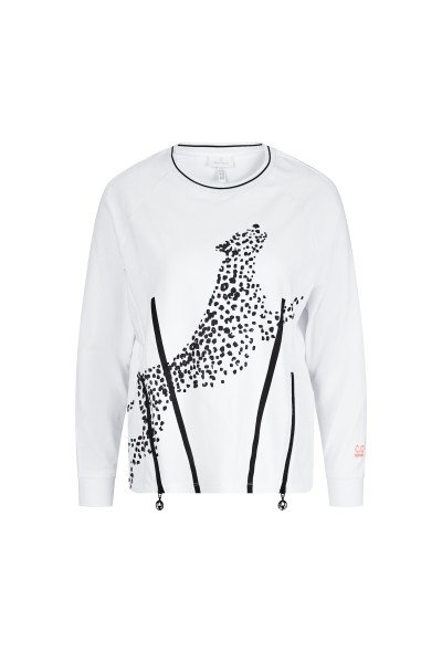 Sporty sweater with decorative zippers and leopard print