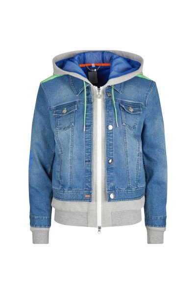 Fashionable denim sweat jacket with nylon taffeta details and large hood