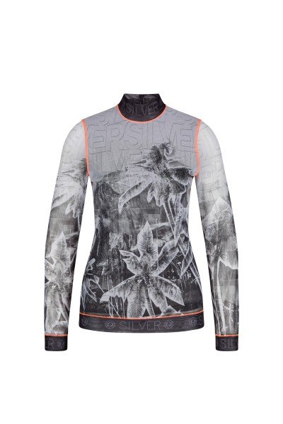 Fashionable long-sleeved mesh shirt in layer look with fashionable print