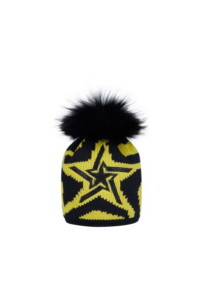Chunky knit hat with real fur pom pom and star pattern
