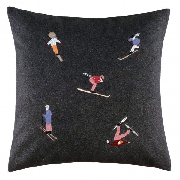 Decorative cushion cover with embroidery of skiers