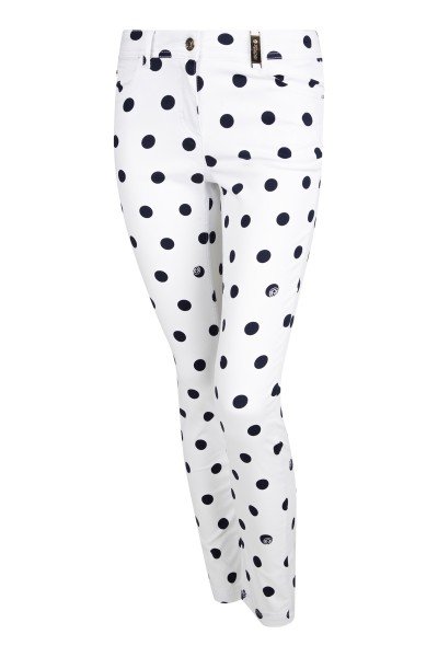 Figure-hugging denim with all-over dots print