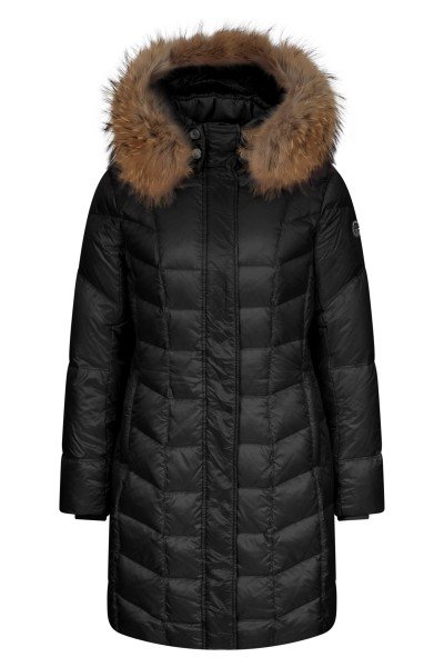 Down coat with detachable hood and real fur detail
