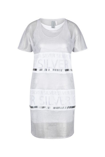 Casual mesh dress in silver with metallic accents and white slip