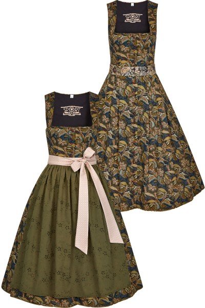 Dirndl with all-over print and apron with eyelet embroidery