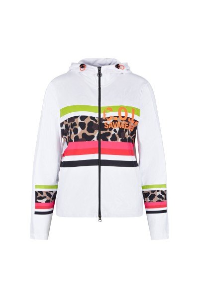Light summer jacket with colorful stripe print and large hood