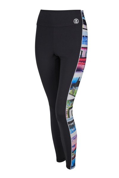 Fashionable leggings with raised waistband and printed stripes on the side