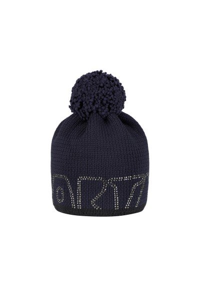 Coarse knit beanie with rhinestone lettering